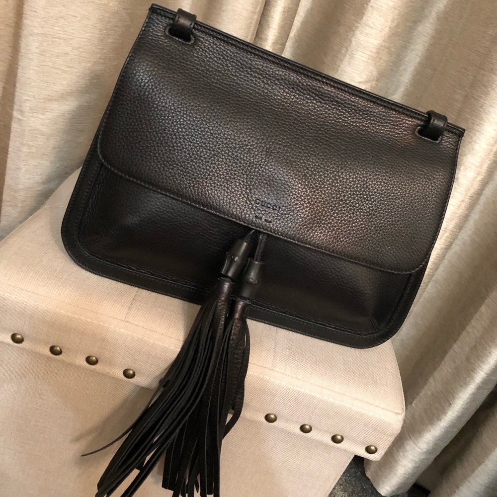 Gucci Pebbled Calfskin Bamboo Tassel Shoulder Bag